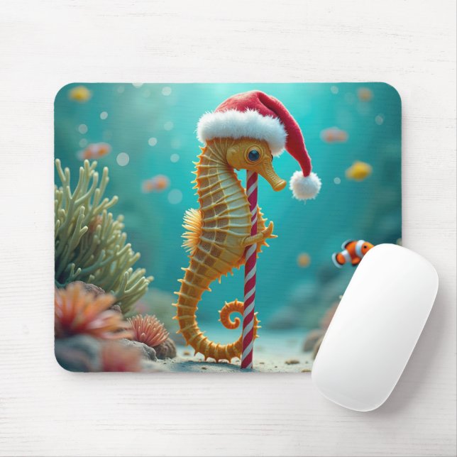 Christmas Seahorse With Candy Cane Mouse Pad (With Mouse)