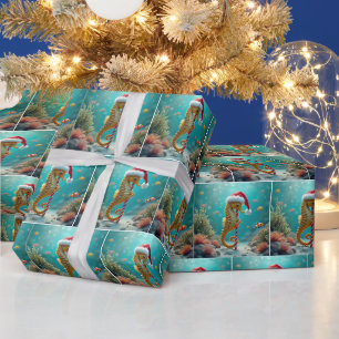 Christmas Seahorse With Candy Cane Pole Wrapping Paper