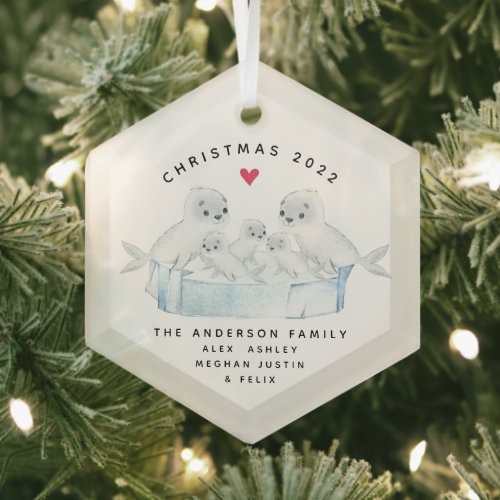 Christmas Seal Family Of Five Glass Ornament