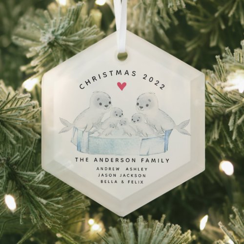 Christmas Seal Family Of Six  Glass Ornament