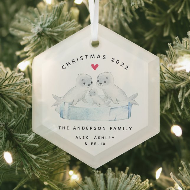Christmas Seal Family Of Three Glass Ornament (Insitu)