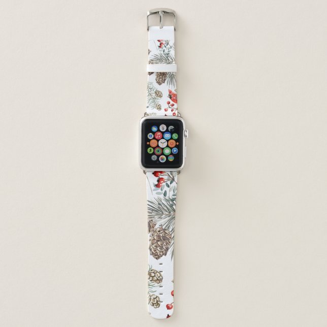Christmas seamless pattern, cardinal birds, red be apple watch band (Front)