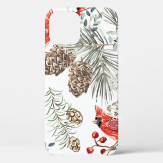 Christmas seamless pattern, cardinal birds, red be iPhone 12 case