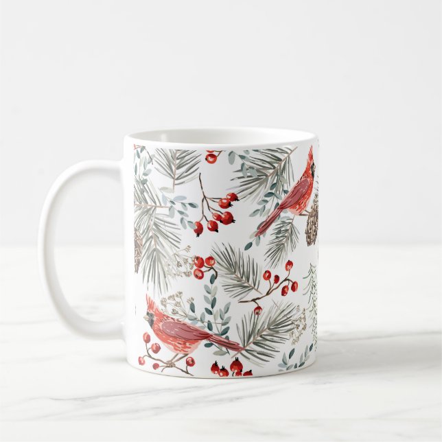 Christmas seamless pattern, cardinal birds, red be coffee mug (Left)