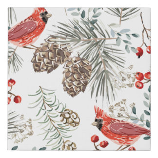 Christmas seamless pattern, cardinal birds, red be faux canvas print