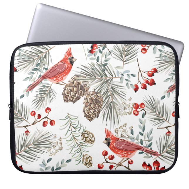 Christmas seamless pattern, cardinal birds, red be laptop sleeve (Front)