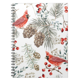 Christmas seamless pattern, cardinal birds, red be notebook