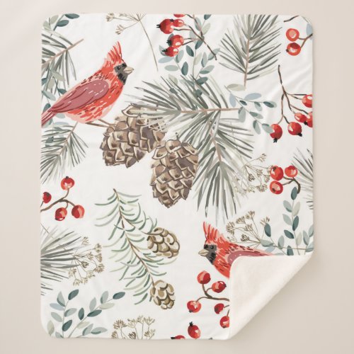 Christmas seamless pattern cardinal birds red be sherpa blanket