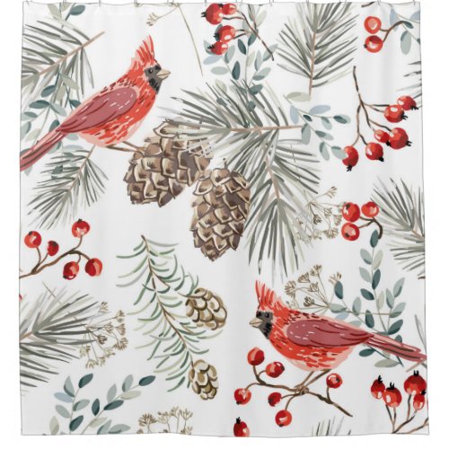 Christmas seamless pattern cardinal birds red be shower curtain