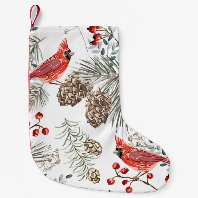 Christmas seamless pattern, cardinal birds, red be small christmas stocking (Front)