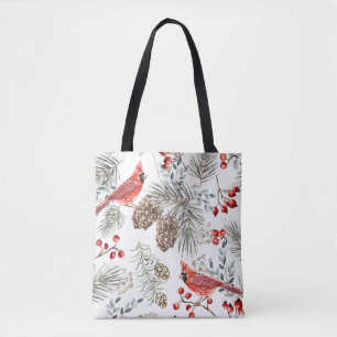 Christmas seamless pattern, cardinal birds, red be tote bag