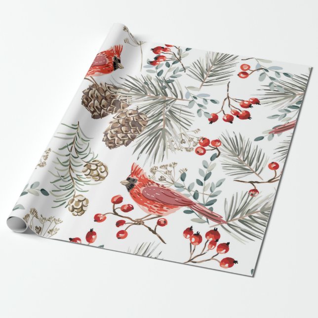 Christmas seamless pattern, cardinal birds, red be wrapping paper (Unrolled)