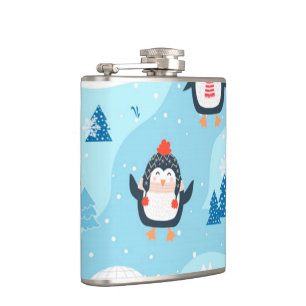 christmas seamless pattern with penguin flask