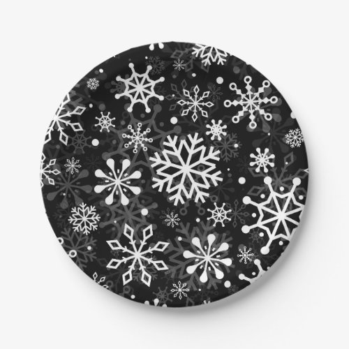 Christmas seamless snowflakes black pattern paper plates