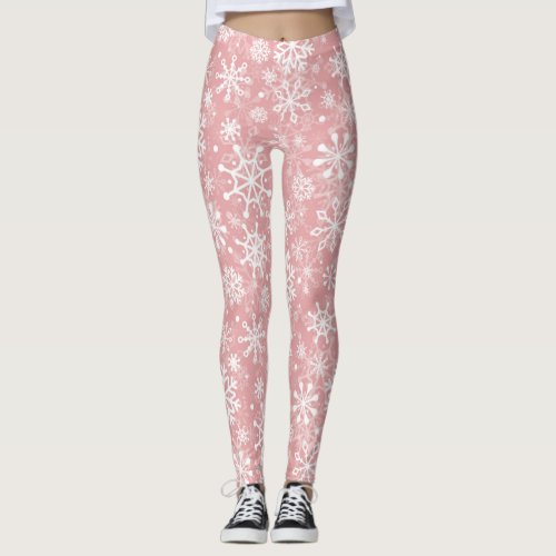 Christmas seamless snowflakes pink pattern leggings