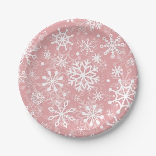 Christmas seamless snowflakes pink pattern paper plates