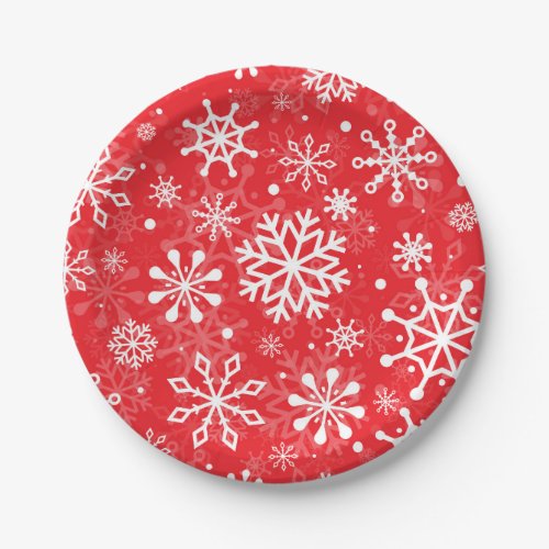 Christmas seamless snowflakes red pattern paper plates