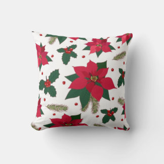 Christmas Seamless with Poinsettia Flowers Throw Pillow