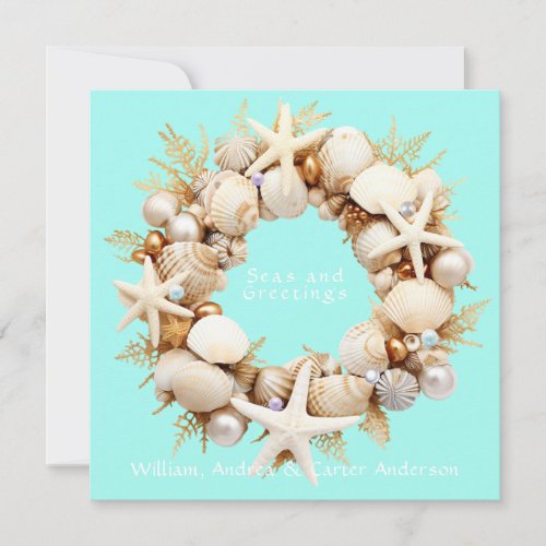 Christmas Seashells Starfish Pearls Bubbles Holiday Card