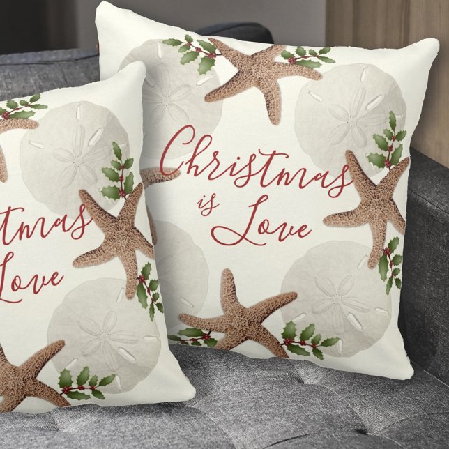 Christmas Seashells Wreath Love Text Throw Pillow (Creator Uploaded)