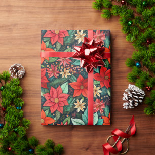 Christmas Season Boho Poinsettia Design Wrapping Paper