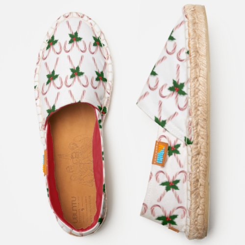 Christmas Season Candy Cane and Holly on White  Espadrilles