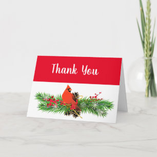 Christmas Season Cardinal and Greenery Thank You Card