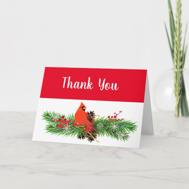 Christmas Season Cardinal and Greenery Thank You Card (Front)
