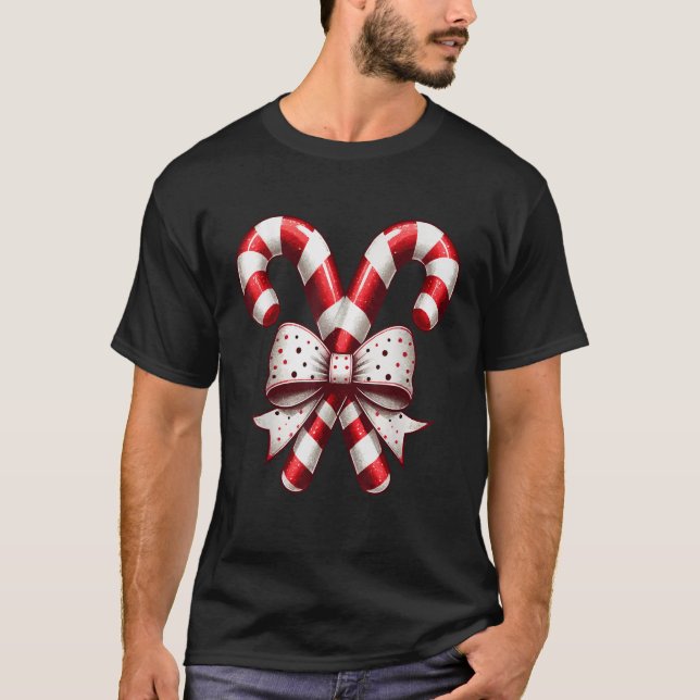 Christmas Season Cute Candy Cane Retro Coquette Bo T-Shirt (Front)