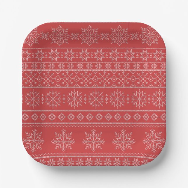 Christmas season nordic red white ugly sweater paper plates (Front)