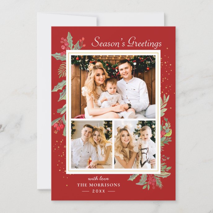 Christmas Season’s Greetings Holly Berries 3 Photo Holiday Card
