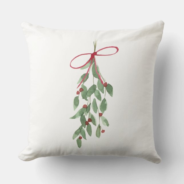 Christmas Season Watercolor Mistletoe Throw Pillow (Front)