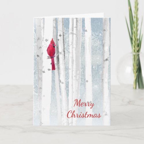 Christmas Season Winter Birch Trees Red Cardinal Holiday Card