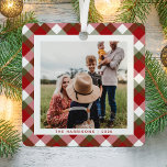 Christmas Seasonal Plaid Photo Metal Ornament<br><div class="desc">Christmas ornament featuring your photo framed on a cheerful red,  green and white seasonal plaid background. Personalize with your name and the year in simple red typography.</div>