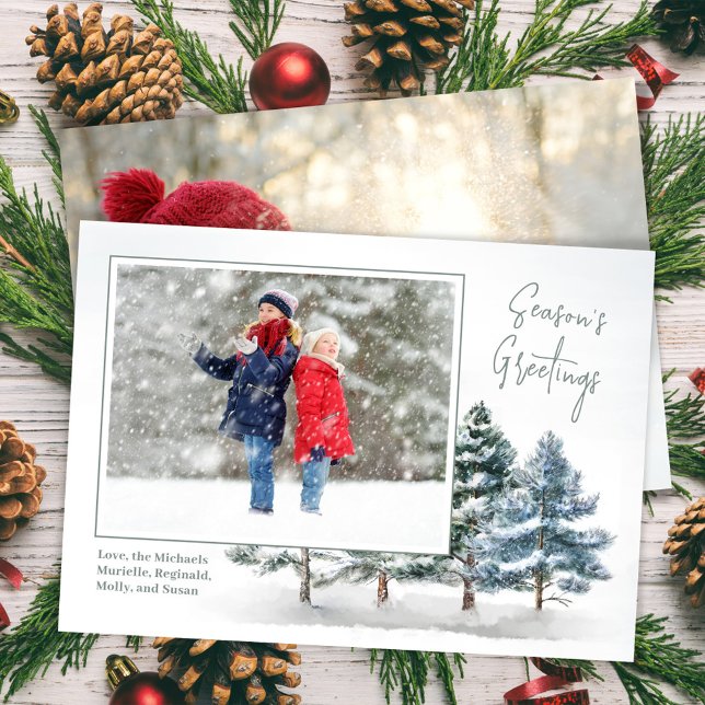 Christmas Season's Greeting Pine Trees Photo Holiday Card (Season's Greetings woodland holiday photo card.)