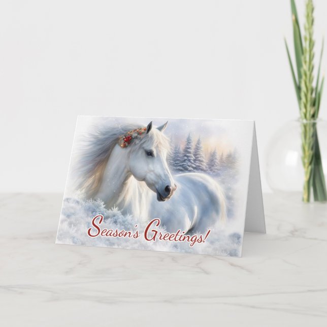 Christmas Seasons Greetings Beautiful Horse Snow Holiday Card (Front)