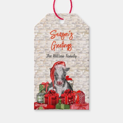 Christmas Seasons Greetings Cow In Santa Hat Gift Tags