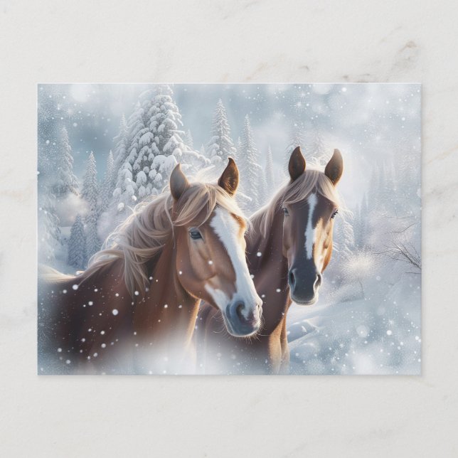 Christmas Seasons Greetings Horses Snow Holiday Postcard (Front)