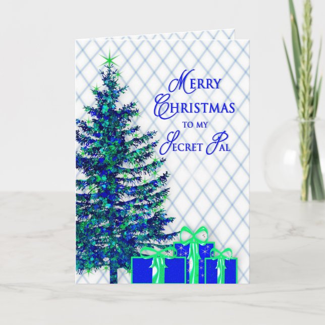 Christmas, Secret Pal, Blue/Tree, Gifts Holiday Card (Front)