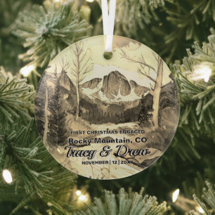 Christmas Sepia Rocky Mountain Colorado Engaged Glass Ornament