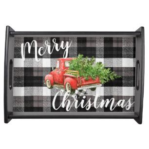 Christmas Serving Tray Red XMAS Truck Plaid