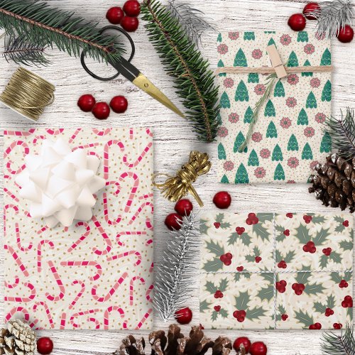 Christmas Set_Candy Canes_Trees_Poinsettias_Holly Wrapping Paper Sheets