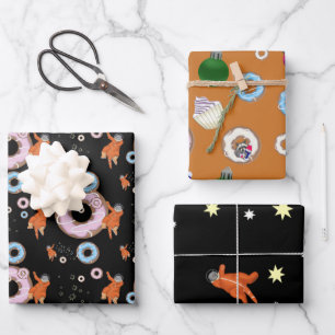 Christmas set - cats, donuts, raccoons, stars wrapping paper sheets