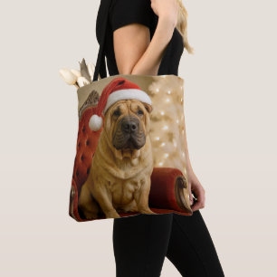 Christmas Shar-Pei Dog With Santa Hat Tote Bag