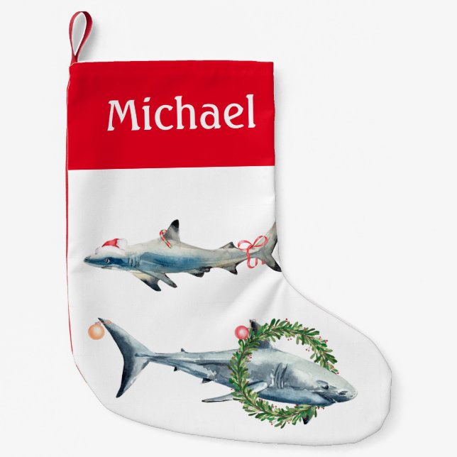 Christmas Shark Great White Reef Personalized Small Christmas Stocking (Front)