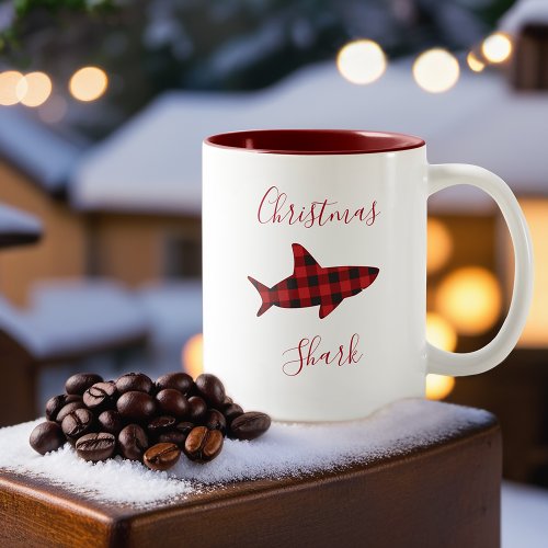 Christmas Shark Red Black Buffalo Plaid Holiday Two_Tone Coffee Mug