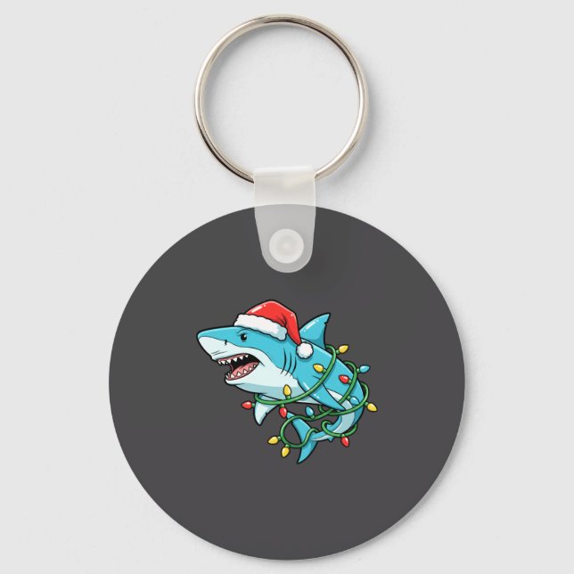 Christmas Shark Santa Hat Wrapped In Lights Funny  Keychain (Front)