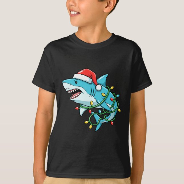 Christmas Shark Santa Hat Wrapped In Lights Funny  T-Shirt (Front)