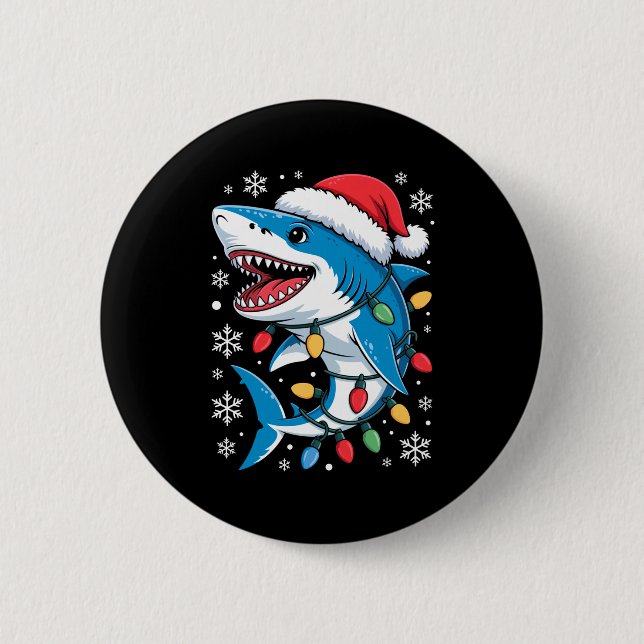 Christmas Shark Santa Hat Wrapped Lights Holiday S Button (Front)