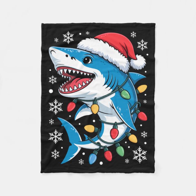 Christmas Shark Santa Hat Wrapped Lights Holiday S Fleece Blanket (Front)